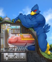 absurd_res anthro avian big_penis bird english_text erection facility falco_lombardi genitals hi_res internal machine macro male male_only milking_machine mountain muscular muscular_anthro muscular_male nintendo nitrosimi96 penetration penile penis penis_milking solo star_fox text tunnel video_games