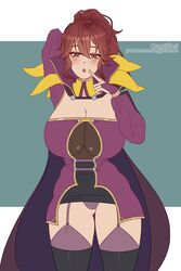 1girls :o alternate_breast_size alternate_costume anna_(fire_emblem) anna_(fire_emblem_awakening) arms_behind_head bare_thighs big_breasts breasts cleavage cryptid_crab finger_to_face finger_to_mouth fire_emblem fire_emblem_awakening huge_breasts inferior_version large_breasts looking_at_viewer medium_hair nintendo one_arm_behind_head open_mouth panties pantyshot ponytail purple_panties red_eyes red_hair sideboob solo solo_female thighhighs underboob upskirt