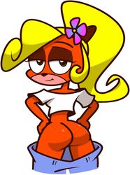 1girls 2020 ass bandicoot big_ass blonde_hair coco_bandicoot crash_(series) crash_bandicoot_(series) cute female green_eyes half-closed_eyes looking_at_viewer looking_back marsupial marsupial_humanoid no_panties orange_fur pants_down simple_background vilepluff