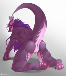 all_fours anthro anus ass bodily_fluids claws dragon genital_fluids hair hi_res horn inkudoragoon long_hair male male_only nude precum presenting presenting_anus presenting_hindquarters presenting_slit purple_hair raised_tail scalie slit solo