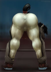 anthro anus anus_outline ass bulge clothed clothing equid equine footwear furry_only hands_on_knees hi_res horse looking_back male male_only mammal muscular muscular_anthro muscular_male satanic_monkey shoes solo solo_focus stretching tight_clothing