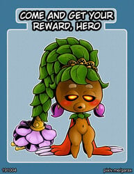 blue_background blush brown_body brown_skin deku_(tloz) deku_princess deku_scrub elemental_creature elemental_humanoid english_text female flora_fauna garabatoz genitals green_hair hair humanoid majora's_mask nintendo nipples no_breasts not_furry nude plant plant_humanoid pussy simple_background solo text the_legend_of_zelda video_games wide_hips young