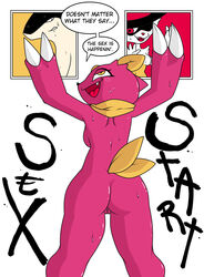 absurd_res anthro braixen breasts clothing comic dialogue dumb female feral hat headgear headwear hi_res male nintendo pokemon pokemon_(species) ponporio_(artist) scarf sneasel typhlosion video_games witch_hat