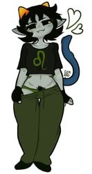 1girls clementyne clothed fingerless_gloves homestuck nepeta_leijon panties pants_pull pubic_hair solo tail undressing