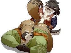 anal anthro asian_clothing ass big_butt canid canine canis clothed clothing domestic_dog duo east_asian_clothing fundoshi gyobu hair hi_res japanese_clothing male male/male male_penetrated male_penetrating male_penetrating_male mammal musclegut partially_clothed penetration ponytail raccoon_dog robe sex shino_(tokyo_afterschool_summoners) sirotae_konnta tail_pull tanuki tokyo_afterschool_summoners underwear video_games