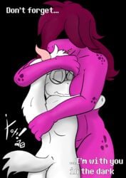 1boy 1girls anthro deltarune eyes_closed female hugging male no_horny ralsei susie_(deltarune) white_fur wholesome xoti_(artist)