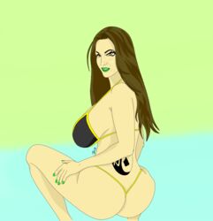 ava_addams bikini brown_hair dougart93 female green_lipstick lipstick panties squatting tattoo underwear