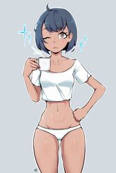 1girls aether_foundation aether_foundation_employee aether_foundation_employee_(female) black_hair brown_eyes brown_skin coffee coffee_mug collarbone crop_top cup dark-skinned_female dark_hair eye_contact female female_aether_foundation_employee female_focus female_only game_freak groin hand_on_hip highres midriff milka nintendo no_pants npc_trainer panties pantless pantsless pokemon pokemon_sm pov pov_eye_contact short_dark_hair short_hair short_sleeves standing stomach thighs tummy underwear white_crop_top white_panties white_shirt white_underwear