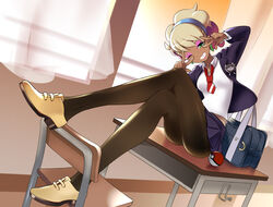 1girls bag blonde_hair blue_hairband brown_legwear brown_skin chair classroom collared_shirt curtains dark-skinned_female dark_skin desk double_w earrings eyelashes feet_on_chair female female_focus female_only fully_clothed game_freak green_eyes gyaru hairband hands_up indoors jacket jewelry kogal legs long_sleeves nintendo on_desk one_eye_closed pantyhose peonia_(pokemon) pink_eyeshadow pleated_skirt poke_ball pokemon pokemon_ss pokemon_ss_crown_tundra red_neckwear school_chair school_desk school_uniform schoolgirl shakuya_(pokemon) shirt shoes short_hair sitting_on_desk skirt solo tm_(hanamakisan) w white_shirt wink winking