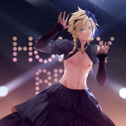 1boy 23333hhh abs bare_chest blonde_hair blue_eyes braid canon_crossdressing chest_exposed cloud_strife crossdressing dress femboy final_fantasy final_fantasy_vii looking_at_viewer male male_only navel nipples pecs solo stomach_exposed thunder_head toned trap