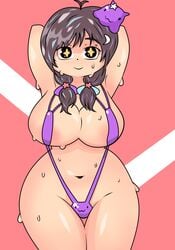 1girls areolae armpits arms_above_head arms_behind_head arms_up belly_button bikini bodily_fluids c-moon_art centi_(nimu) curvy female_only hands_behind_head hourglass_figure indie_virtual_youtuber large_breasts latam_virtual_youtuber looking_at_viewer nimu simple_background sling_bikini smile smiling smiling_at_viewer solo star_shaped_pupils sweat swimsuit swimwear tagme thick_thighs twitch virtual_youtuber voluptuous wide_hips youtube_hispanic