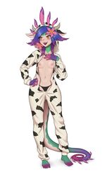 anon_bardos breasts cowsuit feet flashing_breasts hand_on_breast hand_on_hip league_of_legends lizard neeko nipples onesie open_clothes panties riot_games small_breasts tail white_background