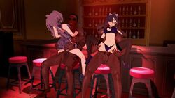 2girls 3d alcohol animated ass_grab bar big_penis breasts cat_ears cat_lingerie china_dress chinese_clothes dark-skinned_male genshin_impact girl_on_top group_sex high_heels interracial keqing_(genshin_impact) male_focus mmd mona_(genshin_impact) multiple_penises nipples pale-skinned_female penis pussy sex spread_legs sunglasses sweat tattoo testicles twintails vaginal_penetration