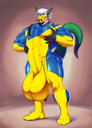 4_toes 5_fingers anthro ass balls big_balls big_bulge big_penis bulge clothing fingers fondling_self genitals green_tail hair hi_res huge_balls huge_bulge huge_cock hybrid hyper hyper_balls hyper_bulge hyper_genitalia hyper_penis hyper_tongue jindragowolf long_tongue looking_at_viewer male male_only mask muscular muscular_anthro muscular_male open_mouth pec_grasp pecs penis rubber rubber_suit solo toes tongue white_hair