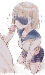 ? bar_censor blindfold blonde_hair censored clothed_female_nude_male highres kneeling nude original penis plaid plaid_skirt reinoenu_(anon) school_uniform short_hair skirt smegma smelling smelling_penis