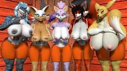 16:9 2020 3d 5girls ? abs anthro areola ass big_breasts big_butt black_sclera blaze_the_cat blue_eyes breasts breasts_grab canid canine chiropteran clothed clothing covering covering_breasts crossover curvy_figure digimon digimon_(species) domestic_cat eulipotyphlan exposed_breasts felid feline felis female female_only fish fox fur group hair hand_on_breast hi_res hooters hooters_uniform huge_breasts huge_thighs looking_at_viewer mammal marine muscular muscular_anthro muscular_female nika_sharkeh nipples nude open_clothing open_mouth open_shirt open_topwear orange_body presenting presenting_breasts purple_body purple_fur renamon rouge_the_bat rouge_the_bat_(warfaremchine) seductive seductive_smile shadedance shark shirt shirt_pull smile sonic_(series) sonic_the_hedgehog_(series) source_filmmaker taomon thick_thighs topwear v voluptuous warfaremachine wide_hips widescreen yellow_body yellow_fur yennsee_miller