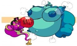 alien alien_humanoid blue_body blue_skin diegosandiego fin_hair fins fish fish_humanoid genie huge_ass huge_breasts inflation nala_(diegosandiego) voodoo_inflation