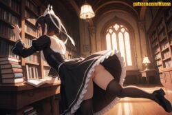 1girl ai_generated back_bow black_dress black_footwear black_hair black_shirt black_sleeves book book_stack bookshelf bow brown_eyes closed_mouth cowboy_shot dress frilled_dress frilled_skirt frilled_sleeves frilled_vest frills from_behind from_side hair_ornament hairclip high_heeled_shoes high_heels high_ponytail highleg highleg_panties indoors kneeling lace-trimmed_shirt lace_trim lee_bora leg_up leg_warmers library long_dress long_hair long_sleeves looking_down looking_to_the_side maid maid_headdress medium_shot open_book open_clothes open_hand open_shirt open_vest outstretched_arm outstretched_hand panties ponytail puffy_sleeves reading shirt shoe_soles shoes sidelocks skirt solo solo_leveling standing standing_on_one_leg straight_hair sunlight table thighhighs thighs vest white_shirt window wooden_table zettai_ryouiki zoom_layer