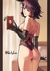 1girls alternate_hair_color ass back_view backless_outfit bare_shoulders bubble_butt cellphone dirtyero_(artist) elbow_gloves eyeshadow female female_only fubuki_(one-punch_man) gloves green_eyes lingerie lipstick mascara mirror_selfie one-punch_man purple_hair selfie sideboob smile solo warm_colors