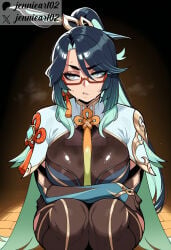 1girl ai_generated aqua_eyes aqua_hair black_hair blue_hair bodystocking breasts capelet clothing colored_inner_hair crossed_arms earrings eyewear female genshin_impact glasses gloves green_eyes green_hair hair_ornament jennieart02 jewelry large_breasts long_hair long_sleeves looking_at_viewer looking_to_the_side makeup multicolored_clothes multicolored_hair parted_lips patreon patreon_logo patreon_username ponytail red-framed_eyewear semi-rimless_eyewear solo squatting sweat tassel tassel_earrings thighhighs thighs twitter twitter_username two-tone_hair very_long_hair vision_(genshin_impact) watermark xianyun_(genshin_impact)