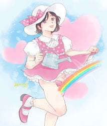 1boy :d artist_name black_hair blue_background bobby_socks bow buttons censored clothes_lift collared_shirt commentary_request crossdressing crossdressing_(mtf) dated dress dress_lift foot_out_of_frame girly_boy grey_eyes half-erect hat hat_bow heart heart_background holding holding_watering_can lemicon lifting_own_clothes light_blush male_focus microdress novelty_censor open_mouth original panties penis penis_out pink_bow pink_dress pink_panties pink_sandals polka_dot polka_dot_bow polka_dot_dress puffy_short_sleeves puffy_sleeves rainbow sandals shirt shirt_under_dress short_hair short_sleeves smile socks solo standing standing_on_one_leg trap underwear watering watering_can white_hat white_shirt white_socks