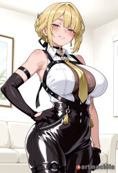 1girl ai_generated anime armpits artmochiia bangs bare_shoulders big_breasts black_choker black_gloves black_pants blonde_hair blush bodysuit braid breasts choker collared_shirt couch cowboy_shot curvaceous curvaceous_female curvaceous_figure curvy curvy_figure earrings elbow_gloves evelyn_chevalier fanart female female_focus gloves grin hair_bun hair_ribbon hand_on_hip harness indoors jewelry large_breasts looking_at_viewer necktie o-ring pants parted_lips purple_eyes ribbon shirt short_hair sidelocks single_hair_bun sleeveless sleeveless_shirt smile solo sweat uncensored voluptuous voluptuous_female white_shirt zenless_zone_zero