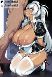 1boy 1girl ai_generated alternate_costume apron areola_slip black_dress black_footwear blush body_writing breasts cleavage clothed_female_nude_male clothing cum cum_in_mouth cum_on_body cum_on_breasts cum_overflow cumdrip dark-skinned_female dark_skin deepthroat dress erection fellatio female frilled_apron frills garter_straps headdress headwear hetero high_heels huge_breasts jennieart02 kneeling large_areolae large_breasts legwear light_areolae long_hair maid maid_apron maid_headdress male male_pubic_hair nipples nude oral patreon patreon_logo patreon_username penis pubic_hair puffy_short_sleeves puffy_sleeves red_eyes semen shoes short_dress short_sleeves solo_focus stray_pubic_hair sweat tan testicles thick_thighs thighhighs thighs twintails twitter twitter_username uniform waist_apron watermark white_apron white_hair white_thighhighs