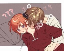 1boy 1girls ? ?? blush breath bun_cover china_dress chinese_clothes confused double_bun female gintama hair_ornament kagura_(gintama) male nuzzling okita_sougo on_bed on_side orange_hair purple_eyes surprised sweat sweatdrop upper_body wide_eyed yy_yyx