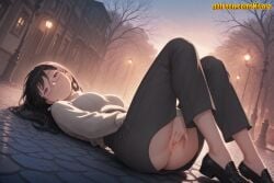 ai_generated anime_style backlighting bare_trees black_hair black_pants black_shoes blurred_background city_street digital_art evening exposed_butt full_body girl legs_bent long_hair looking_at_viewer lying_on_ground medium_shot purple_eyes semi-realistic sharon_(spy_x_family) spy_x_family streetlights sunset white_sweater