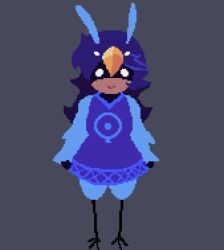 alula_(oneshot) animated bird blue_feathers blue_hair breasts feathers maykez oneshot pixel_art showing_breasts white_eyes winged_arms
