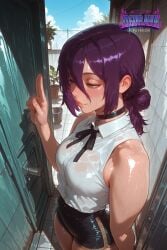 1girl ahegao ai_generated ass black_pantyhose bomb_devil bomb_devil_(chainsaw_man) breasts chainsaw_man collar completely_nude deurahh green_eyes highres imminent_anal imminent_fellatio imminent_oral imminent_orgasm imminent_penetration imminent_sex large_breasts leash lingerie looking_at_viewer naked_ribbon nipples no_panties nude pantyhose purple_hair pussy reze_(chainsaw_man) school_uniform short_hair smile solo stable_diffusion thighs torn_clothes