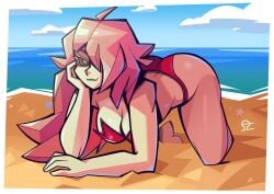 alvh_omega beach beach_background big_ass big_breasts bikini black_sclera blazblue color doggy_style female_only hair_covering_eye hi_res leaning_forward looking_at_viewer neckline nine_the_phantom pink_hair seductive_look sexy_pose thick_thighs voluptuous wide_hips yellow_eye