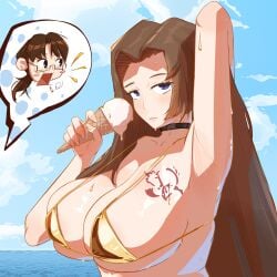 1boy 1girl 1girls armpits beach bikini black_choker blue_eyes blush blush_lines blushing boobs_bigger_than_head brown_hair choker chubby cigarette clouds glasses golden_bikini gregor_(limbus_company) ice_cream ice_cream_cone limbus_company mouth_closed mouth_open ocean ponytail project_moon rodion_(limbus_company) seductive_look shocked suprised_expression suprised_look surprised sweat sweatdrop sweating sweaty tattoo water wet