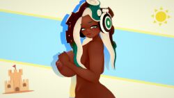 1girls 3d areolae black_hair dark-skinned_female female_only headphones huge_breasts koikatsu marina_(splatoon) mike_oxlong multicolored_hair nintendo nipples nude octoling side_view smile splatoon suction_cups symbol-shaped_pupils tentacle tentacle_hair