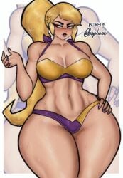 baphoavi belly belly_button blonde_hair blush bra curvy curvy_female gameoverse hand_on_hip hips_wider_than_shoulders juicy_lips long_hair medium_breasts miss_information_(gameoverse) painted_nails panties ponytail purple_and_yellow purple_lipstick thick_thighs thighs_bigger_than_head tummy wide_hips