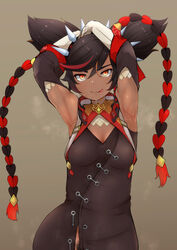 :p absurdres armpits arms_behind_head arms_up black_dress black_hair breasts dark-skinned_female dark_skin detached_sleeves dress female genshin_impact hair_ornament half-closed_eyes highres long_sleeves looking_at_viewer milele multicolored_hair no_panties presenting_armpit pubic_hair pubic_hair_peek red_eyes red_hair short_twintails sleeveless sleeveless_dress solo spikes steam steaming_body streaked_hair tongue tongue_out twintails xinyan_(genshin_impact)