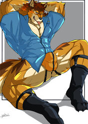 1boy absurd_res anthro asiahao520 ass barrel_(live_a_hero) bulge canid canine canis clothed clothing footwear furry_only hands_behind_head hi_res jockstrap live-a-hero male male_only mammal muscular muscular_anthro muscular_male open_clothing open_shirt open_topwear orange_underwear pecs shirt socks solo tongue topwear underwear wolf