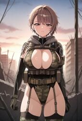 1girls ai_generated braided_hair brown_hair camouflage delta_(nikke) female female_only goddess_of_victory:_nikke hair_between_eyes large_breasts leotard outdoors thick_thighs thighs