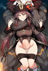 ai_generated belly_bulge bent_legs choke_hold cum cum_leaking_out_of_pussy drolling excessive_cum filled_with_cum genshin_impact hu_tao_(genshin_impact) interspecies raped_by_enemy raped_female resisting self_upload sex_from_behind shorts_down tears uneven_eyes