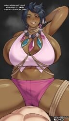 1boy 1girls 2026 :p areola_slip big_breasts big_thighs black_background black_eyes black_hair blush cinko clothed_female_nude_male dialogue english_text female female_focus female_on_top hand_behind_head hi_res huge_breasts looking_at_viewer male male_pov narrowed_eyes naughty_face nintendo nude nude_male olivia_(pokemon) pokemon pokemon_sm pov pov_eye_contact sideboob smiling smiling_at_viewer talking_to_viewer text thick_thighs