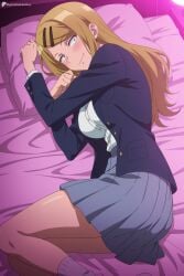 1girl ai_generated bed blonde_hair blush breasts brown_eyes closed_mouth dagashi_kashi digitalwaifugallery ear_piercing endou_saya fang fang_out grey_skirt hair_ornament hairclip hi_res high_quality high_resolution jacket large_breasts long_hair long_sleeves looking_at_viewer lying on_bed on_side open_clothes open_jacket patreon patreon_username pillow pleated_skirt sanpaku school_uniform seductive sexy shirt skirt smile socks solo uncensored watermark white_shirt
