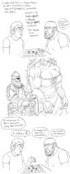 1boy 1boy1girl 1boys1girls 1girl1boy 1girls 2boys 3_panel_comic 3_panels 3koma armor armored_male balding bb_(baalbuddy) beard big_breasts cleavage comic curly_hair dialogue dice dice_roll dnd dnd_character dungeons_and_dragons english english_text exposed_shoulders face_out_of_frame facial_hair glasses holding_shield holding_sword holding_weapon humor implied_sex line_art lineart moustache muscle_mommy muscles muscular muscular_female nerd nerdy_male paladin panels saving_throw shield shirt shorter_male shoulderless shoulders sideburns speaking speech_bubble sword t-shirt t_shirt talking taller_female text weapon white_background