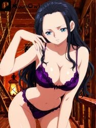 ai_generated big_breasts black_hair blue_eyes boobs breasts hips huge_breasts light-skinned_female light_skin nico_robin one_piece pale-skinned_female pale_skin purple_bra purple_lingerie purple_panties sexy sexy_body sexy_female sexy_pose