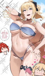1boy 2girls bikini black_bow blonde_hair blue_bikini blue_eyes bow breasts censored commentary cross cross_earrings diluc_(genshin_impact) earrings english_text erection futa_with_female futanari genshin_impact hair_bow heart highleg highleg_bikini highres jean_(genshin_impact) jewelry long_hair lumine_(genshin_impact) mosaic_censoring multiple_girls navel okpriko open_mouth paid_reward_available penis ponytail smile stomach swimsuit thigh_strap underboob wet