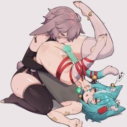 1boy1girl :o blue_hair brat bratty bunny_girl cat_boy character:rayrie comfythighs cum cum_on_face cum_on_own_face cum_on_self cumshot excessive_cum eyepatch femboy ghost_penis green_penis legs_up leotard leotard_aside penis pink_hair rayrie red_eyes rimjob tagme thick_thighs thigh_highs thigh_ribbon