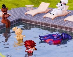 3d 3d_(artwork) artist_logo artist_name big_breasts blender bonfie bonfie_(cryptia) chair chiku chiku_(cryptia) fap_nights_at_frenni's fexa fexa_(cryptia) fredina's_nightclub frenni_(cryptia) frenni_fazclaire furry innertube laying_down marie_(cryptia) muffintop20 outdoors pool pool_float pool_party poolside self_upload sleeping smile sunbathing sunny thick_thighs water watermark wet