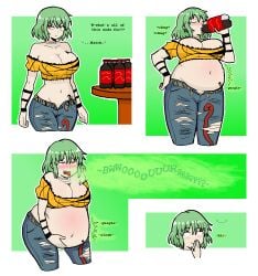 1girls big_breasts bloated bloated_belly bloating blush burping chugachugs chugging cleavage clothed clothing female female_only gassy green_hair hikage_(senran_kagura) holding_belly midriff navel rumbling_stomach senran_kagura senran_kagura_(series) slit_pupils snake_eyes soda tattoo unbuttoned unbuttoned_pants yellow_eyes