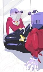 blush blushing bulge bulge_through_clothing bulge_under_clothes deltarune deltarune_chapter_3 fully_clothed horny horny_male masturbation mirror mirror_reflection self_pleasure solo solo_focus spread_legs tenna_(deltarune)