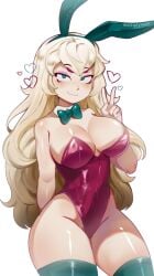 1girls areola areolae belly belly_button blonde blonde-haired_female blonde_female blonde_hair brawl_stars breasts breasts_out bunny_ears bunnysuit charlie_(brawl_stars) clothed costume ears female_only green_eyes green_stockings green_tie heart hearts_around_head larger_female light-skinned_female light_skin long_hair looking_up makeup multiplylayer red_suit solo solo_female solo_focus stockings straight_hair suit suit_and_tie thick_thighs thighs tie v v_sign white_background