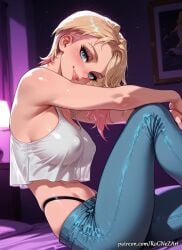 1girl 2026 ai_generated anime asymmetrical_hair bare_shoulders black_panties blonde_hair blue_eyes blush boobs breasts cleavage covered_nipples crop_top crossover denim eye_contact eyebrow_piercing female female_focus flushed from_side gwen_stacy gwen_stacy_(spider-verse) highleg_panties highres huge_breasts jeans large_breasts looking_at_viewer marvel marvel_comics medium_breasts midriff multicolored_hair no_bra nsfw panties pants parted_lips patreon piercing pink_hair rognezart see-through shiny shiny_skin short_hair sitting smile smiling solo spider-gwen spider-man_(series) undercut underwear